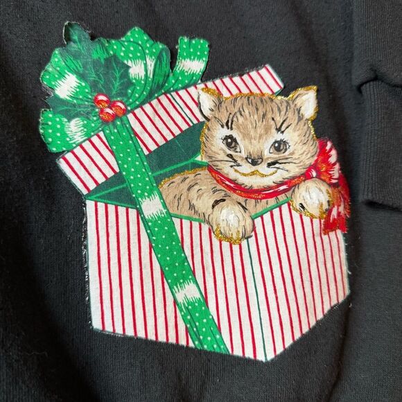 Vintage 90s Festive Cat Christmas Sweatshirt Crewneck funny Santa Hat - XL - Picture 2 of 8